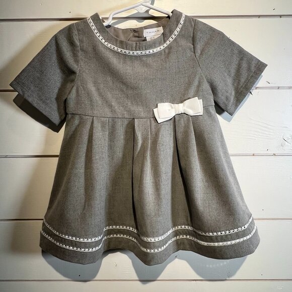 Tahari Girls Dress 3T Gray White Pleated Empire Waist Short Sleeves Bow Lace NWT - Picture 1 of 9